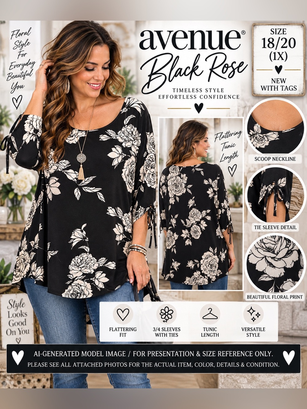 Avenue Black Rose Floral Tie Sleeve Tunic Top 18/20